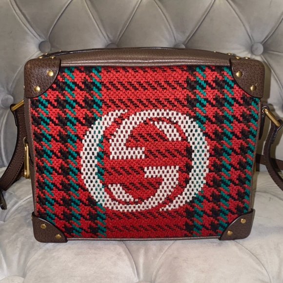 RARE! Gucci Houndstooth And Stripe Shoulder Bag With Interlocking G Red & Green - Picture 1 of 10